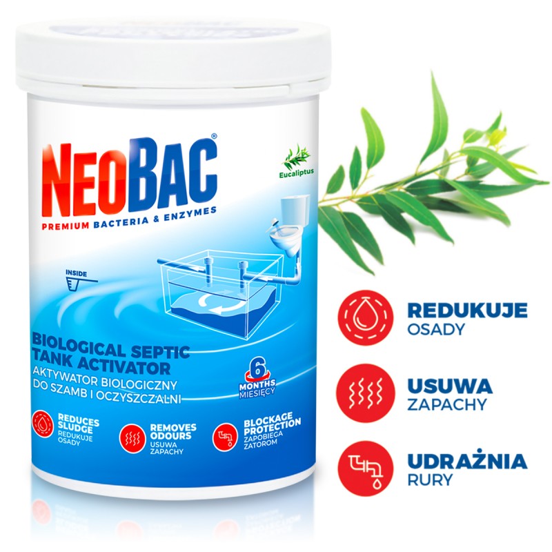 Biopreparat Aktywator Bakterie do szamb i oczyszczalni NeoBac 600 g redukcja zapachu