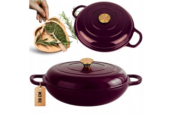 Niski garnek żeliwny emaliowany HAGE 30 cm 3L Bakłażanowy