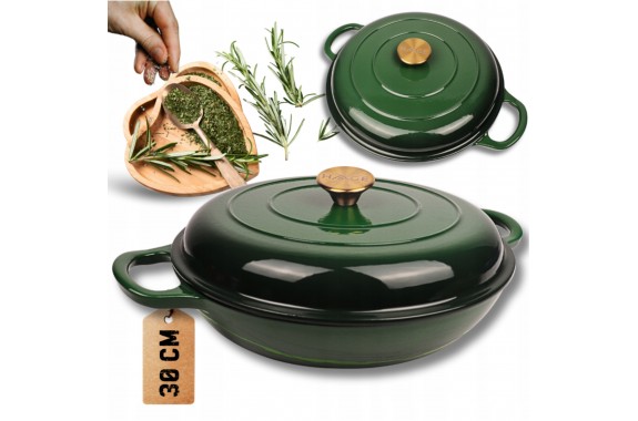 Niski garnek żeliwny emaliowany HAGE 30 cm 3L Butelkowa Zieleń