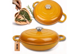 Niski garnek żeliwny emaliowany HAGE 30 cm 3L Musztardowy