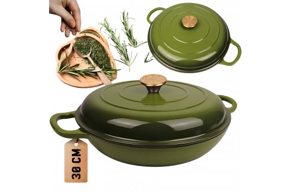 Niski garnek żeliwny emaliowany HAGE 30 cm 3L Oliwkowy
