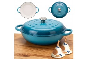 HAGE żeliwny niski garnek 30 cm 3L emaliowany gaz indukcja lazurowy