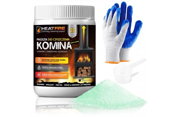 HeatFire Proszek do czyszczenia komina pieca usuwa sadzę smołę 1kg + rękawice