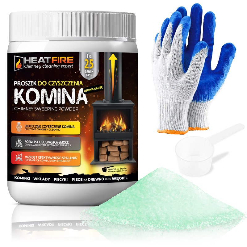 HeatFire Proszek do czyszczenia komina pieca usuwa sadzę smołę 1kg + rękawice