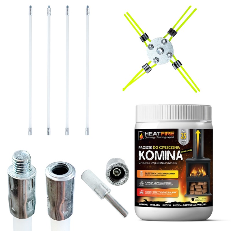 Szczotka do komina z adapterem na wiertarkę 4m głowica z włókna + proszek Heatfire GRATIS