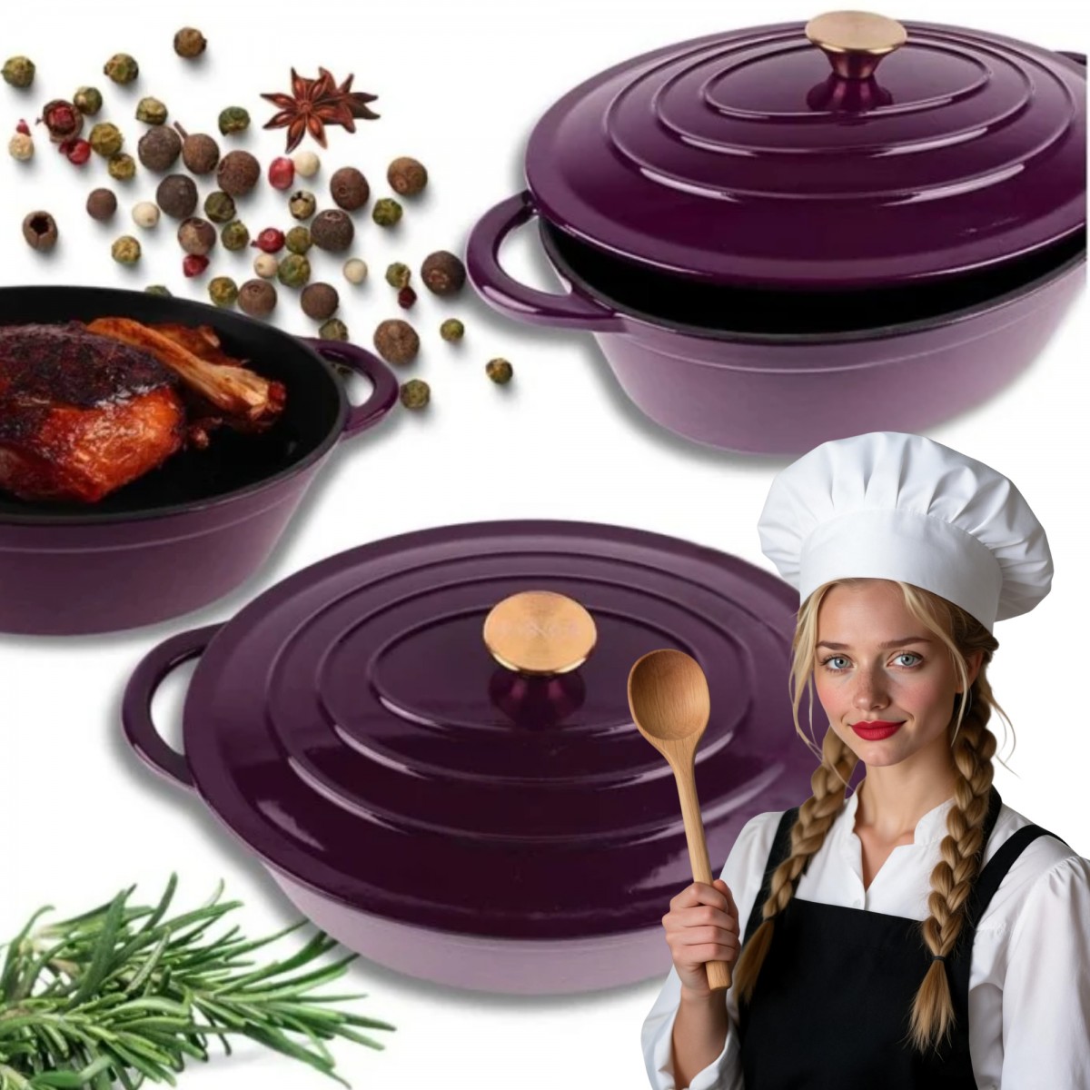 Żeliwna Brytfanna Gęsiarka Emaliowana HAGE 6L Bakłażanowa Indukcja Grill Piekarnik