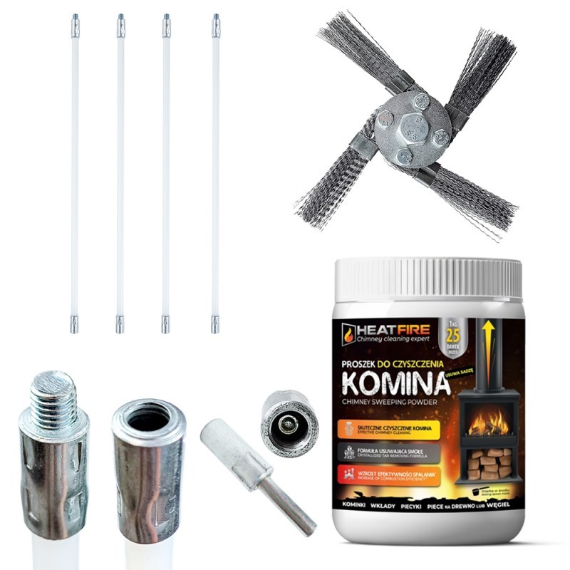 Szczotka do komina z adapterem na wiertarkę 4m głowica ze stali falowanej + proszek Heatfire GRATIS