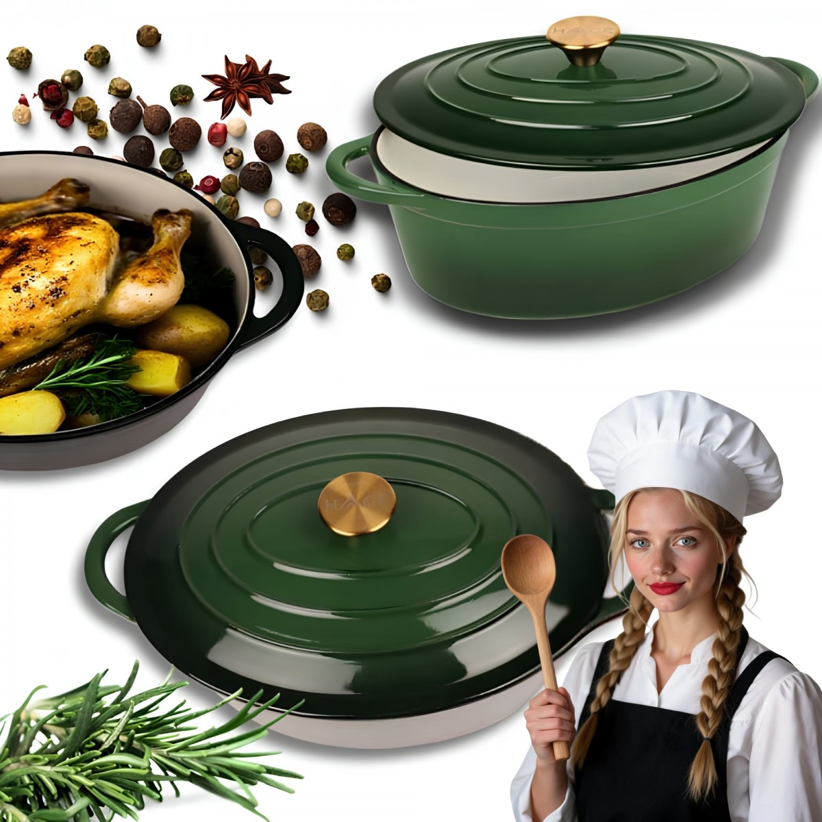 Żeliwna Brytfanna Gęsiarka Emaliowana HAGE 6L Butelkowa Zieleń Indukcja Grill Piekarnik