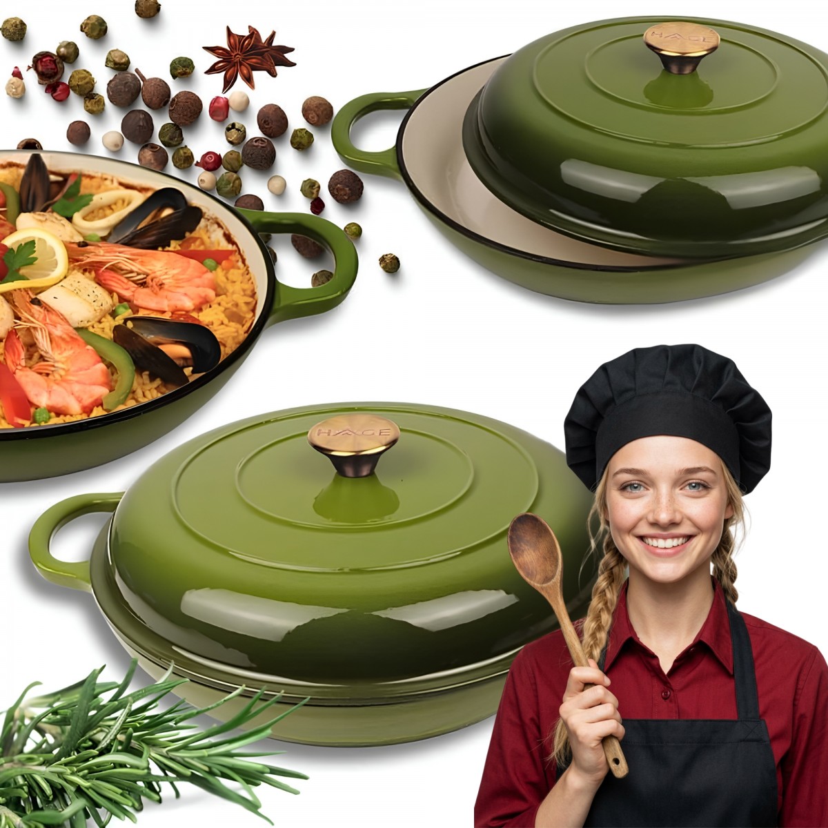 Niski garnek żeliwny emaliowany HAGE 30 cm 3L Oliwkowy
