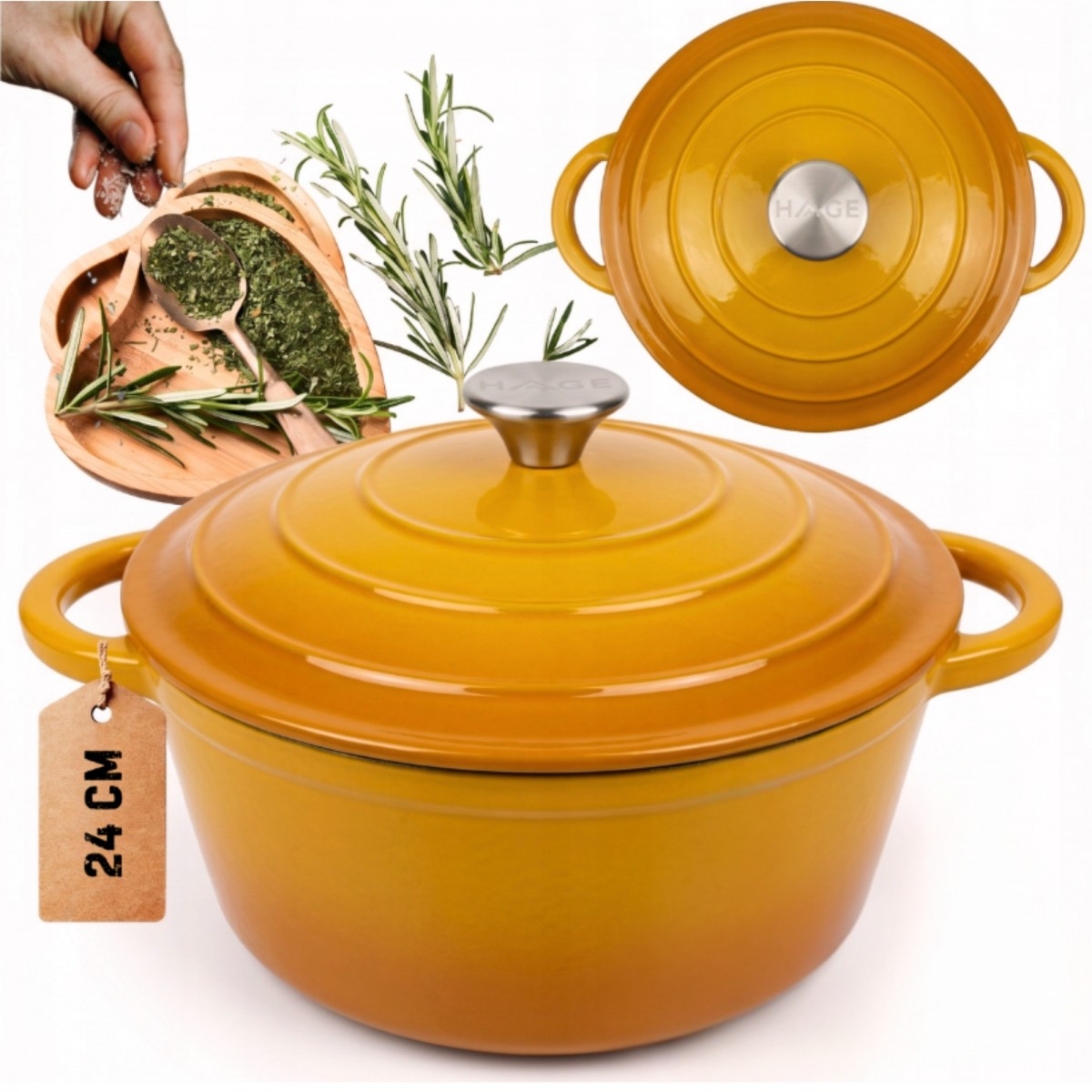Garnek żeliwny emaliowany HAGE 4L 24 cm musztardowy