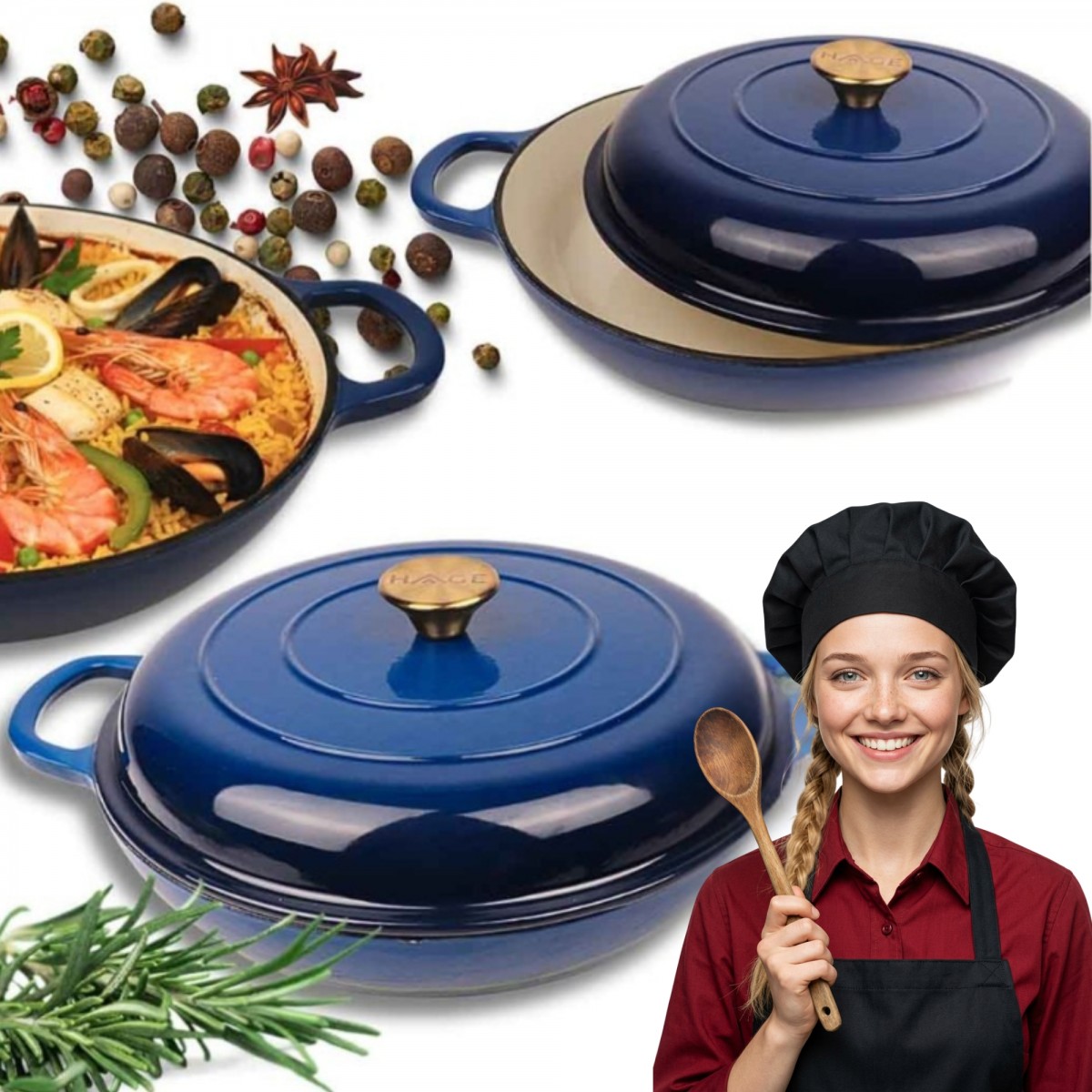 Niski garnek żeliwny emaliowany HAGE 30 cm 3L Niebieski Indukcja Gaz Piekarnik Grill