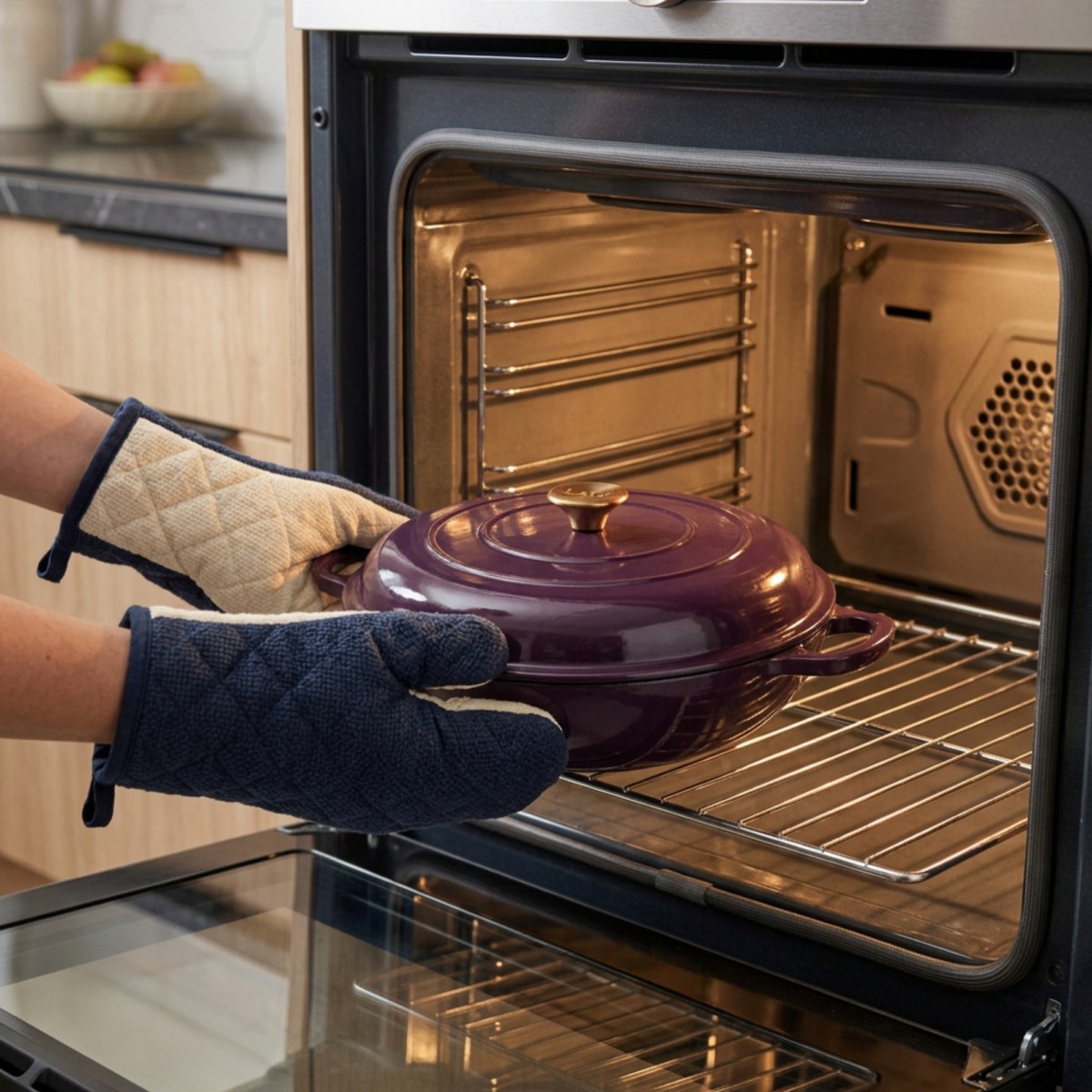 Niski garnek żeliwny emaliowany HAGE 30 cm 3L kolor Bakłażanowy na Indukcję Gaz Grill