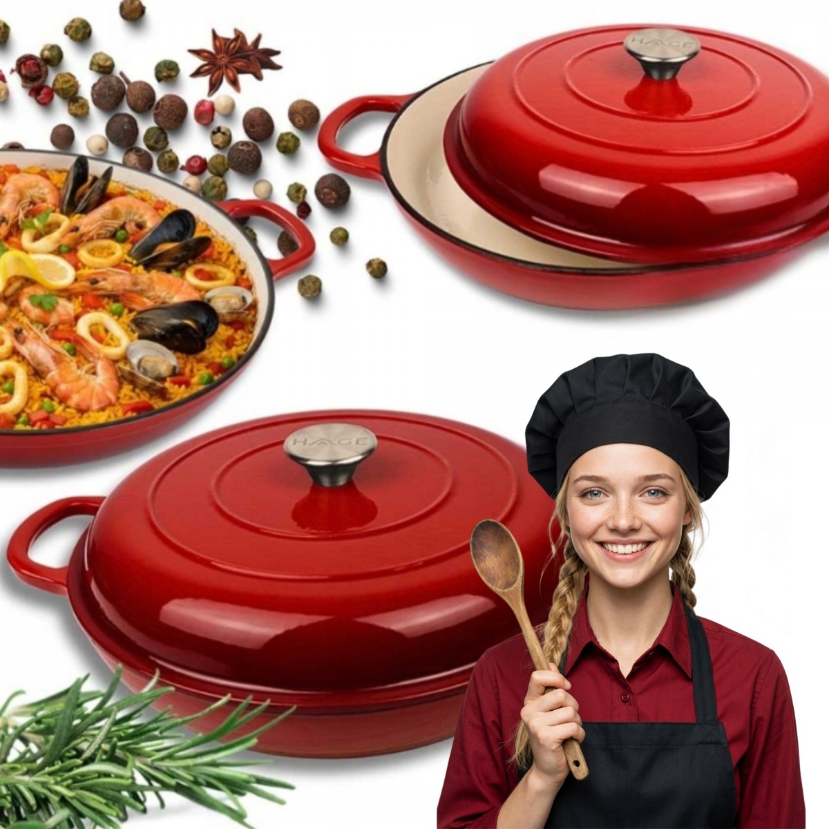 Niski garnek żeliwny emaliowany HAGE 30 cm 3L | Czerwony | Indukcja