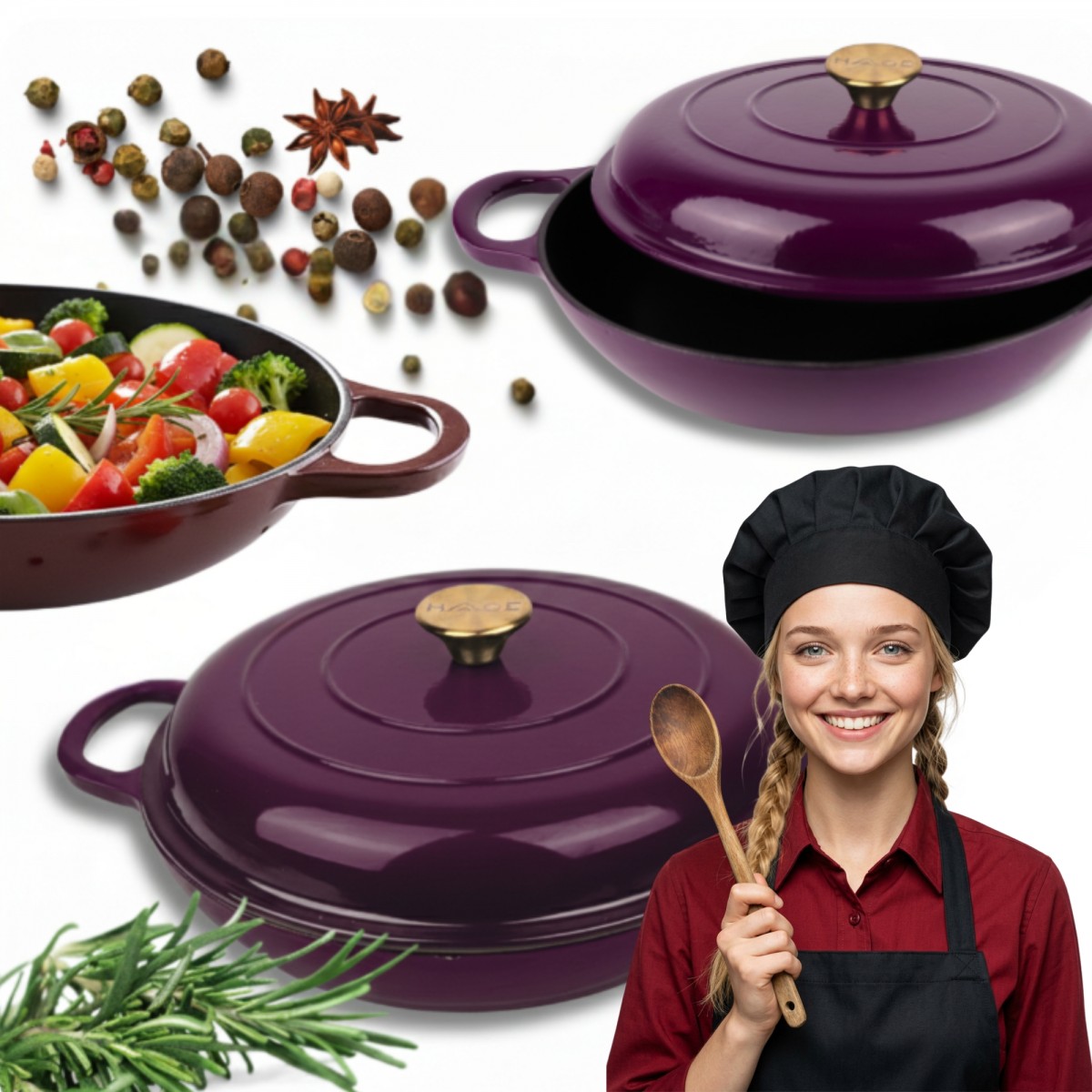 Niski garnek żeliwny emaliowany HAGE 30 cm 3L kolor Bakłażanowy na Indukcję Gaz Grill