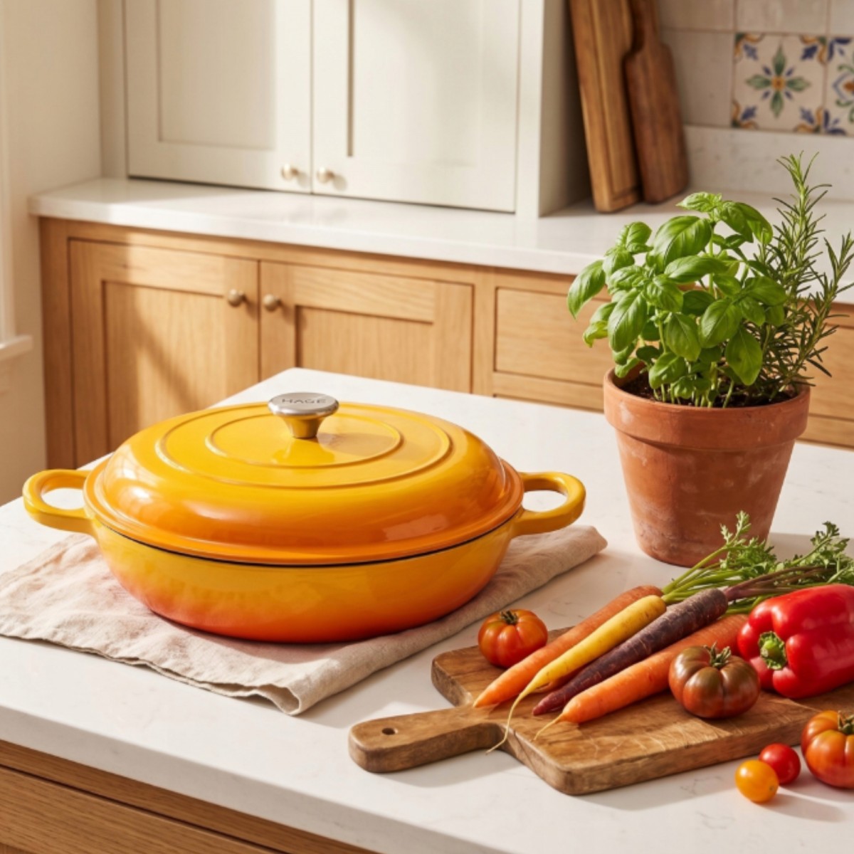 Niski garnek żeliwny emaliowany HAGE 30 cm 3L Musztardowy