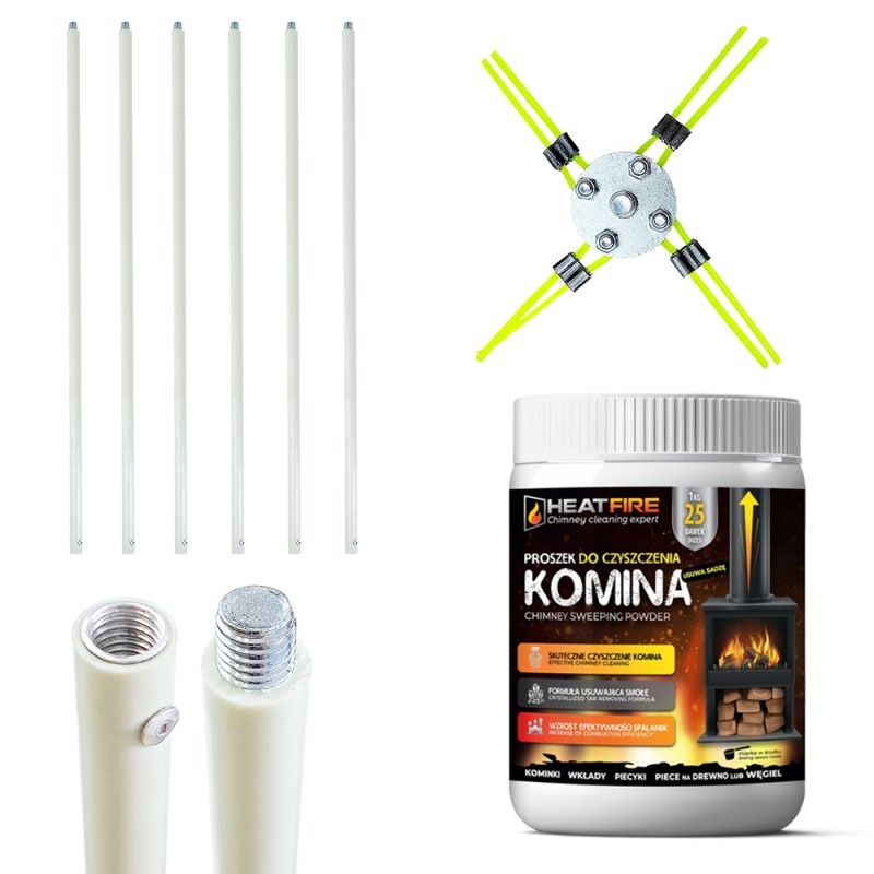 Szczotka do czyszczenia komina ręczna 6 metrów głowica z włókna + proszek Heatfire