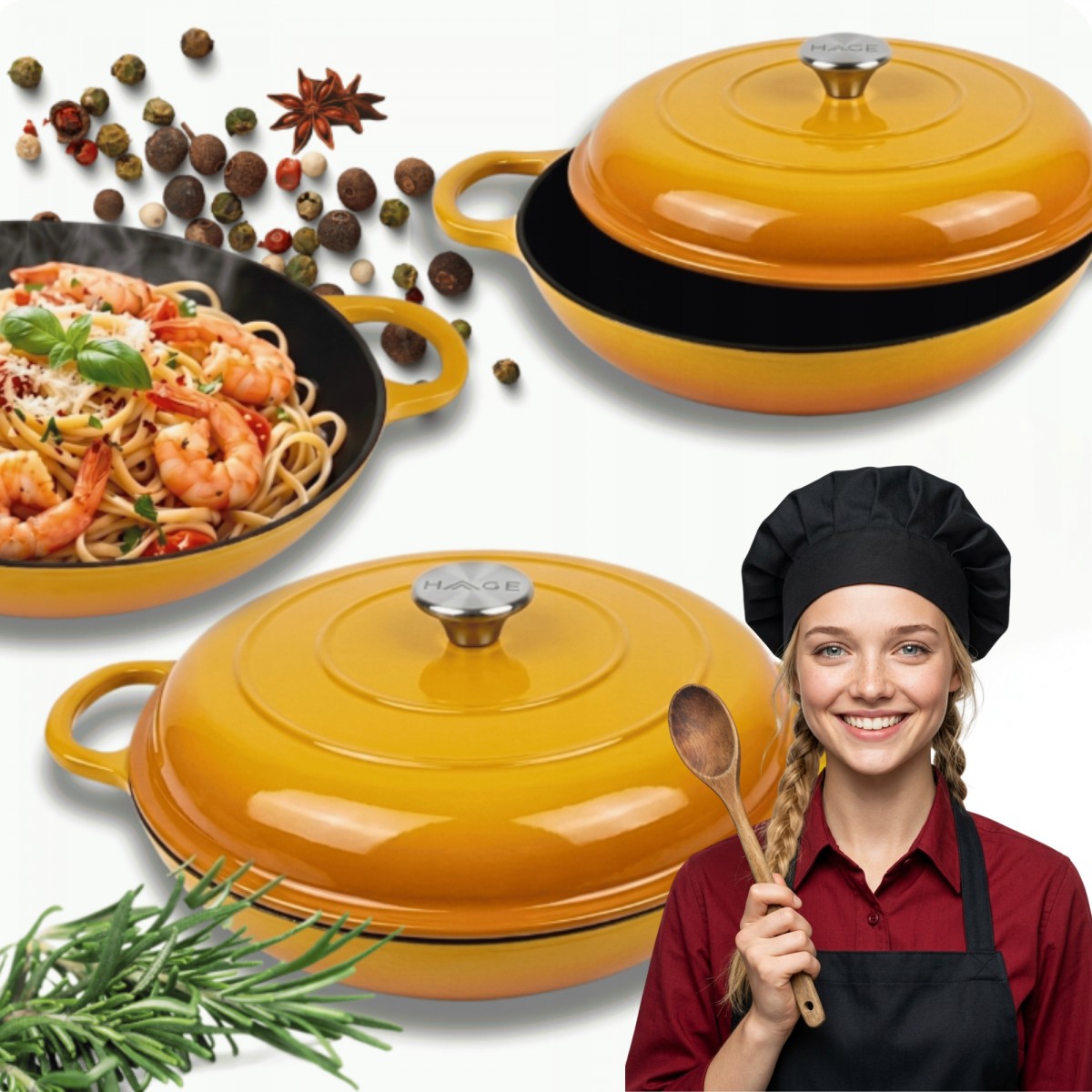 Niski garnek żeliwny emaliowany HAGE 30 cm 3L Musztardowy