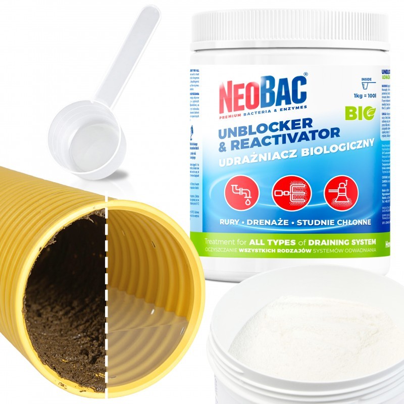 NeoBac Unblocker and reactivator Udrażniacz drenaży i studni chłonnych szamb oczyszczalni 1kg
