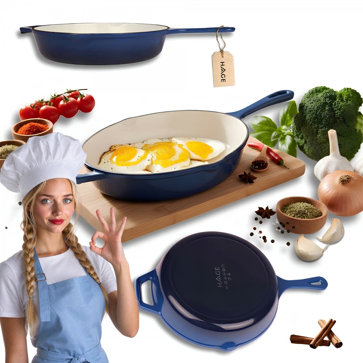 Żeliwna Patelnia Emaliowana HAGE 26cm Niebieska | Gaz Indukcja Grill