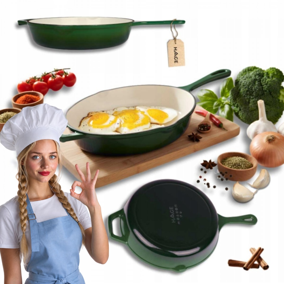 Żeliwna Patelnia Emaliowana HAGE 26cm Zielona Gaz Indukcja Grill