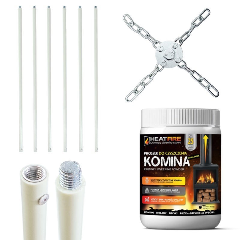 Szczotka do czyszczenia komina ręczna 6 metrów głowica łańcuchy + proszek Heatfire