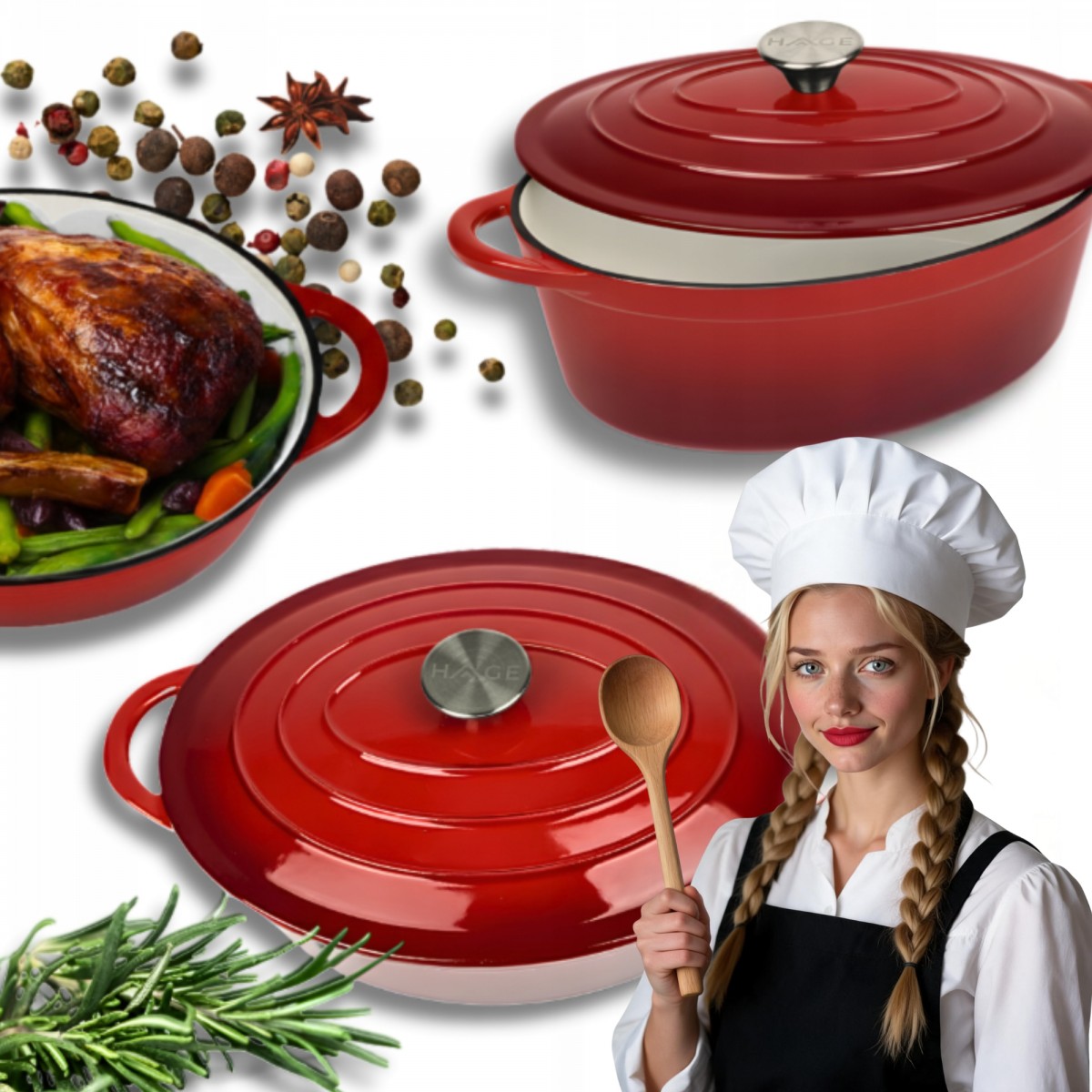 Żeliwna Brytfanna Gęsiarka Emaliowana HAGE 6L Czerwona | Indukcja Grill Piekarnik