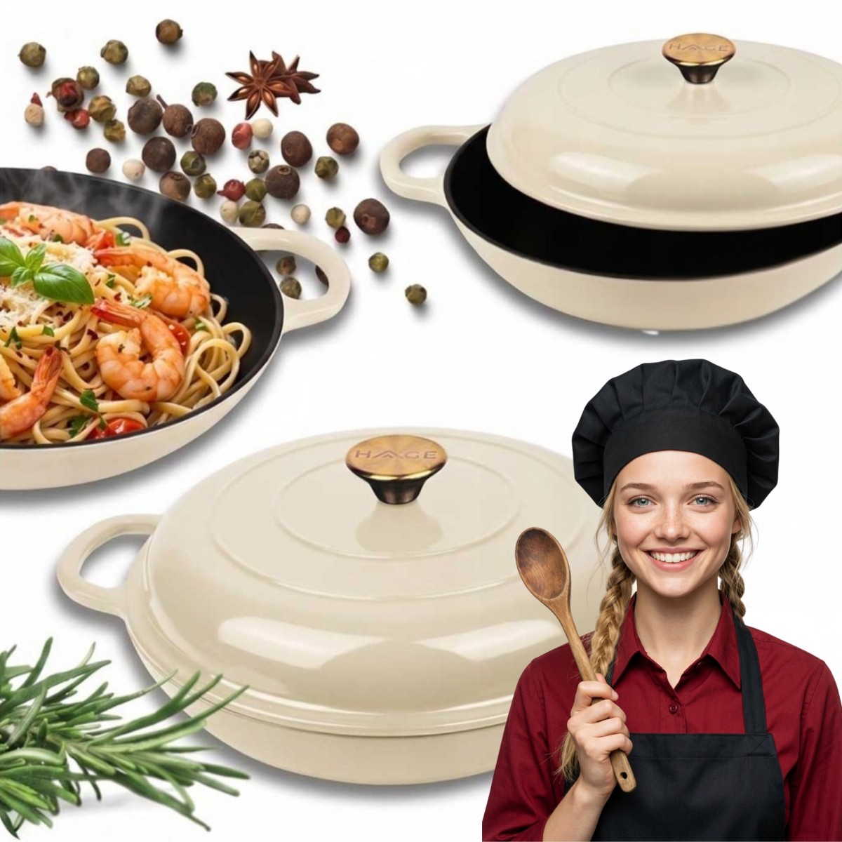 Niski garnek żeliwny emaliowany HAGE 30 cm 3L Kremowy