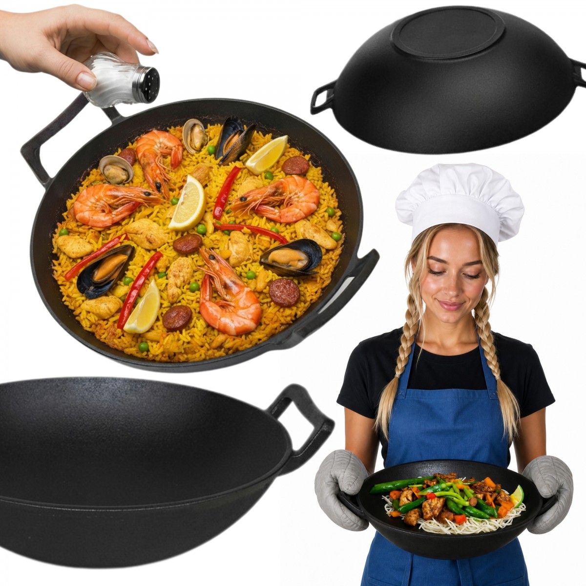 Wok Żeliwny do azjatyckiego stir fry patelnia HAGE 36 cm