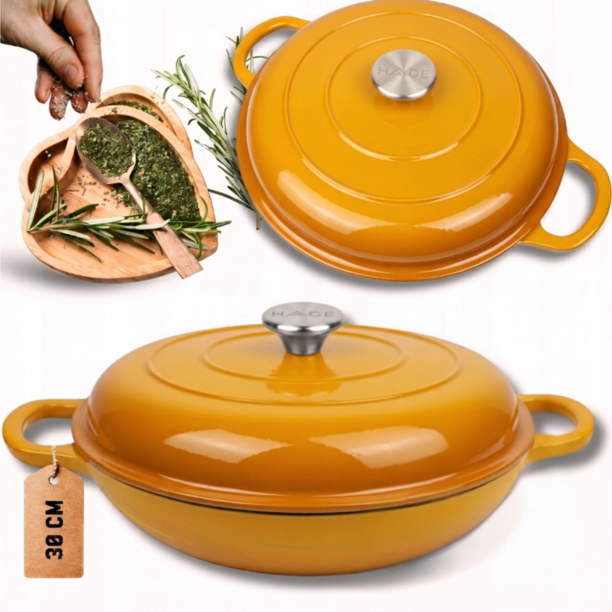 Niski garnek żeliwny emaliowany HAGE 30 cm 3L Musztardowy