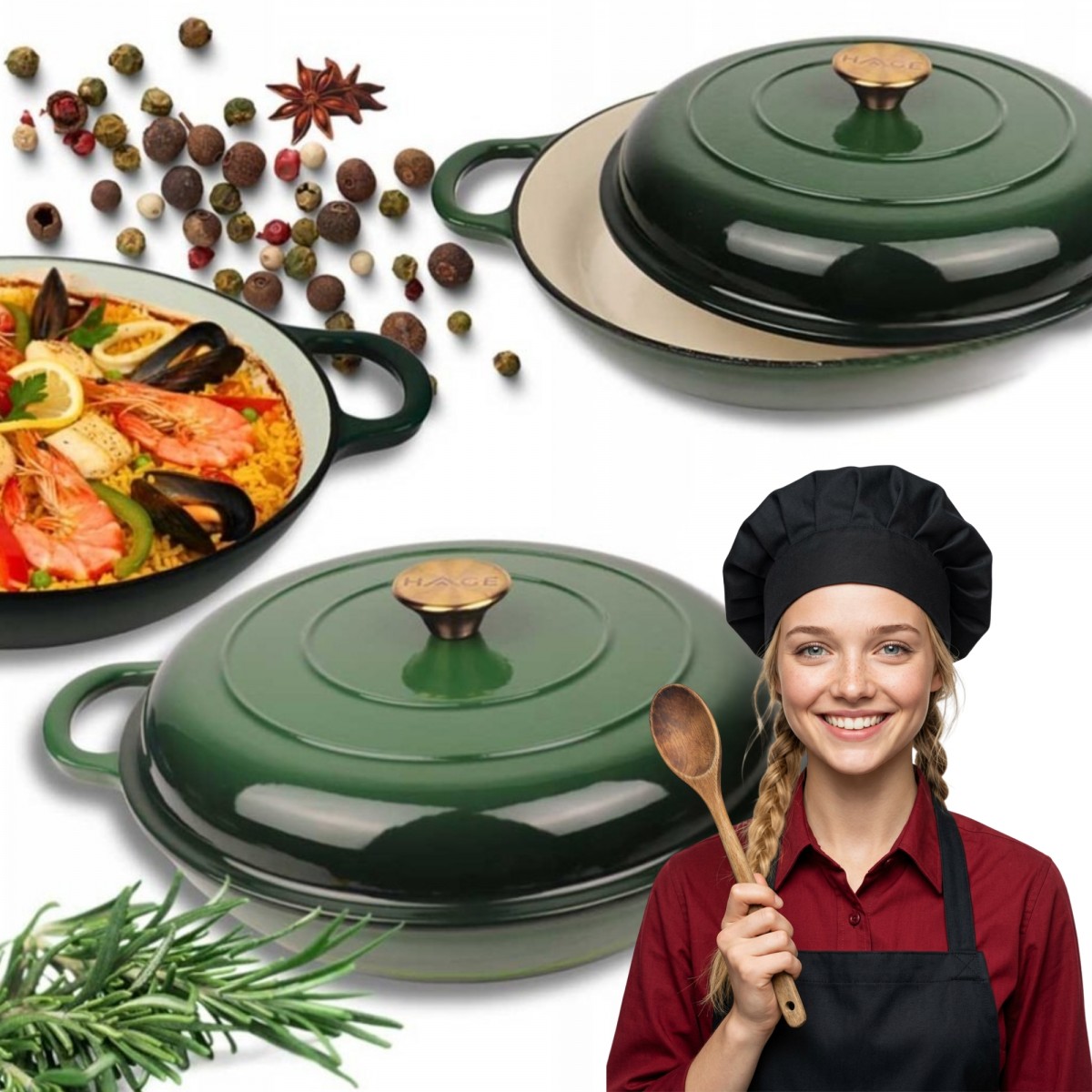 Niski garnek żeliwny emaliowany HAGE 30 cm 3L Butelkowa Zieleń Indukcja Gaz Piekarnik Grill